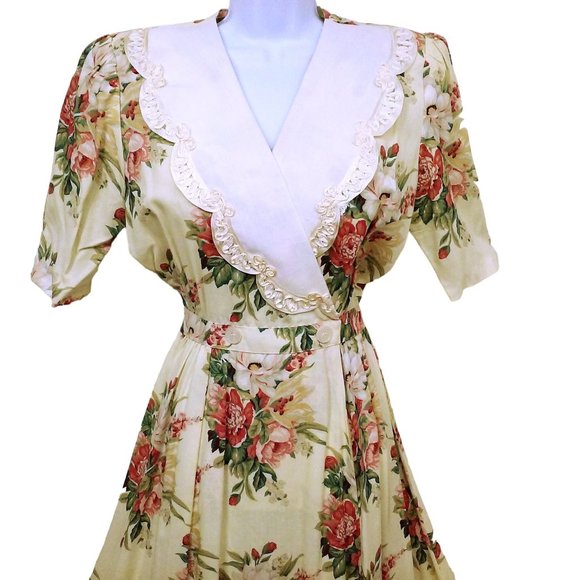 Vintage 80s Expo USA Floral Prairie Dress Lace Collar M(10) Puffed Shoulder Pads - Picture 2 of 12
